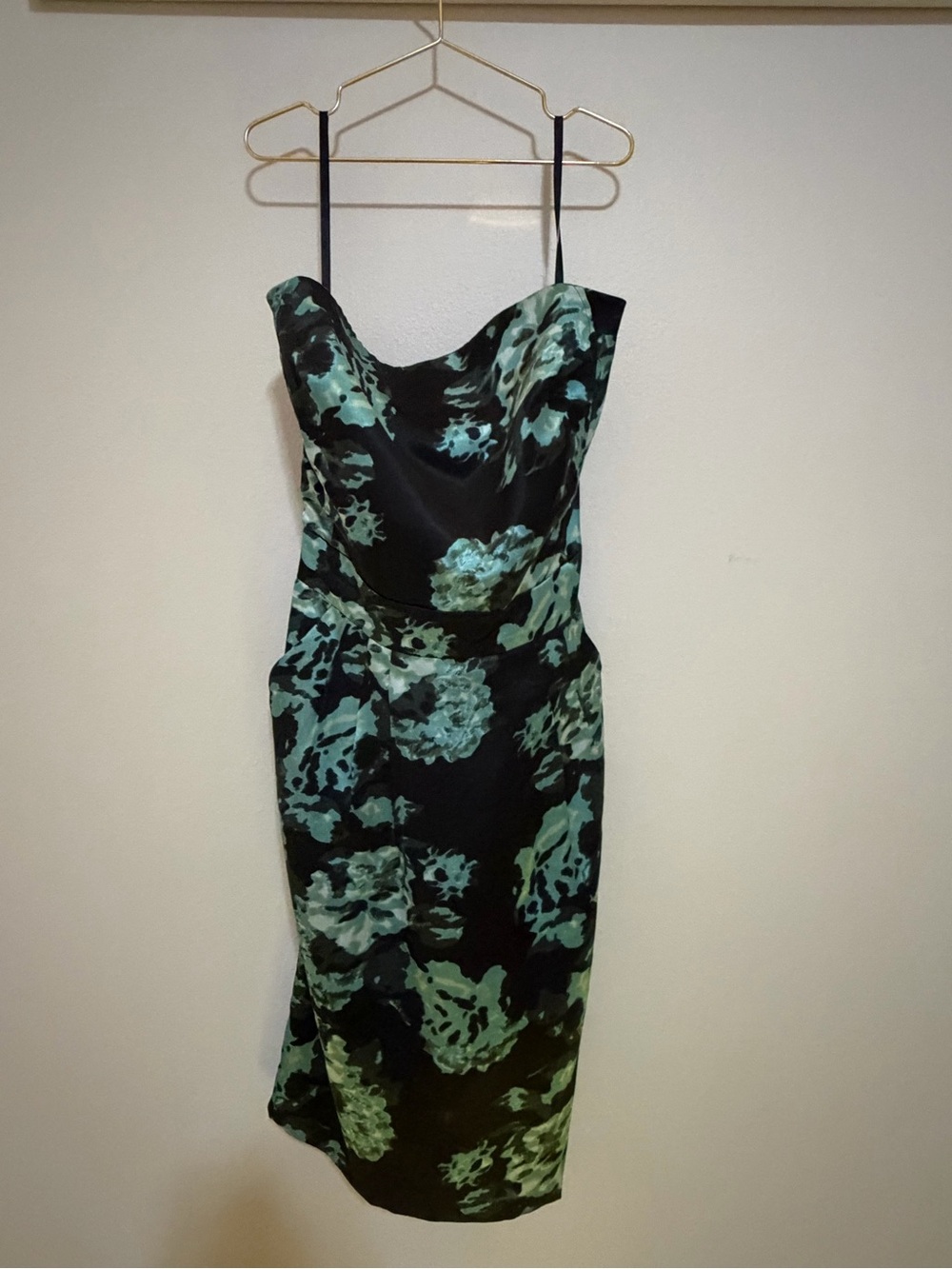 Black Floral Strapless Slip Midi Dress with Mint Green Print